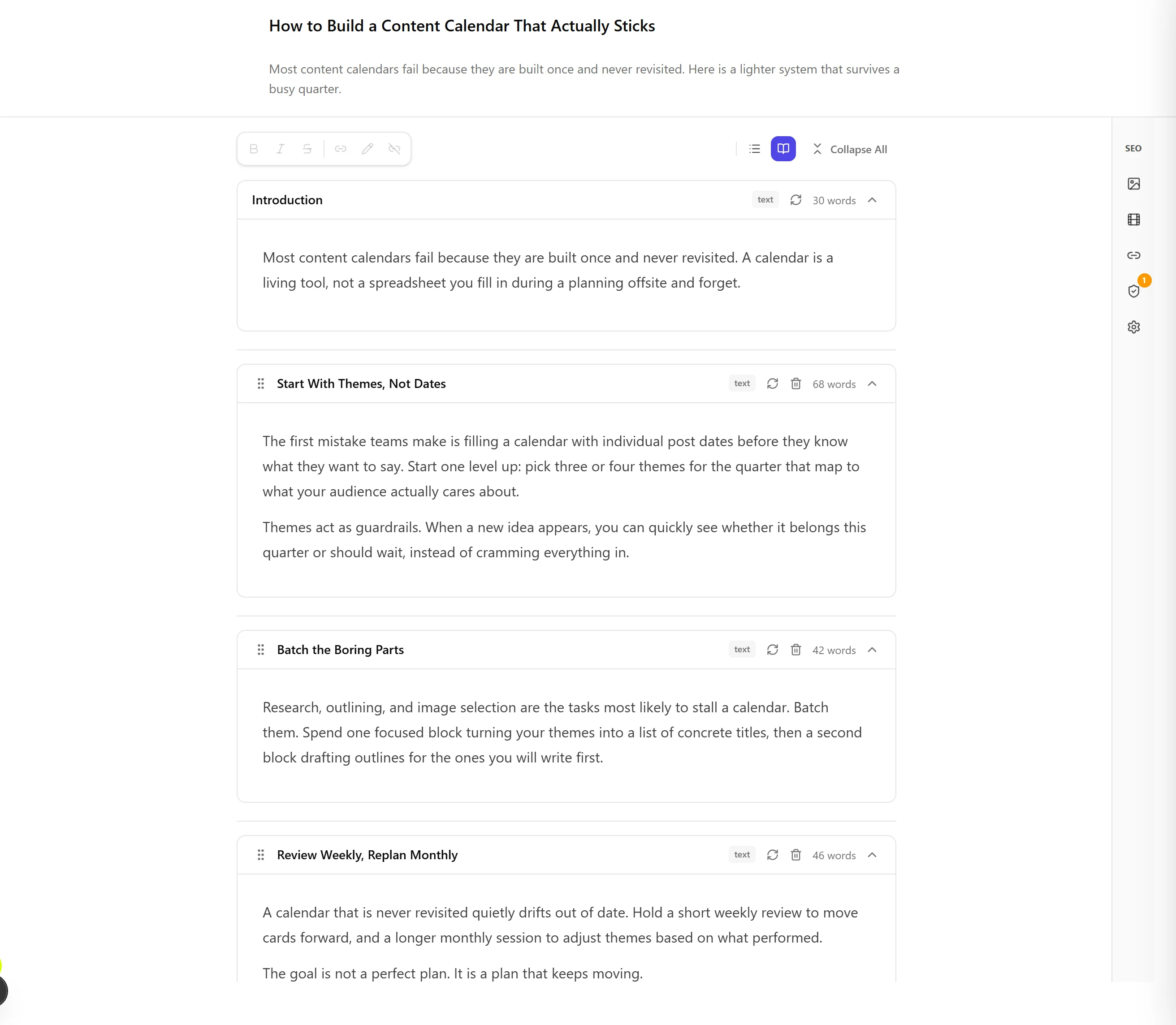 The blog editor showing a post as a stack of section cards (Introduction, Start With Themes Not Dates, Batch the Boring Parts), each with a type badge, regenerate and delete controls, and a word count, plus a formatting toolbar and a vertical icon rail on the right.
