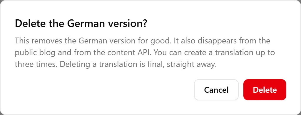 Ein Bestätigungsdialog: Delete the German version? This removes the German version for good, it also disappears from the public blog and from the content API, you can create a translation up to three times, deleting a translation is final, straight away.