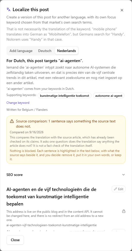 Eine niederländische lokalisierte Version mit 'Written for Belgium / Flanders' unter dem Ziel-Keyword, sowie einem Vergleichskasten mit dem Text Source comparison: 1 sentence says something the source text does not, compared on 9/16/2026, mit der Erklärung, dass dies die Übersetzung mit dem bereits geprüften Ausgangsartikel vergleicht.