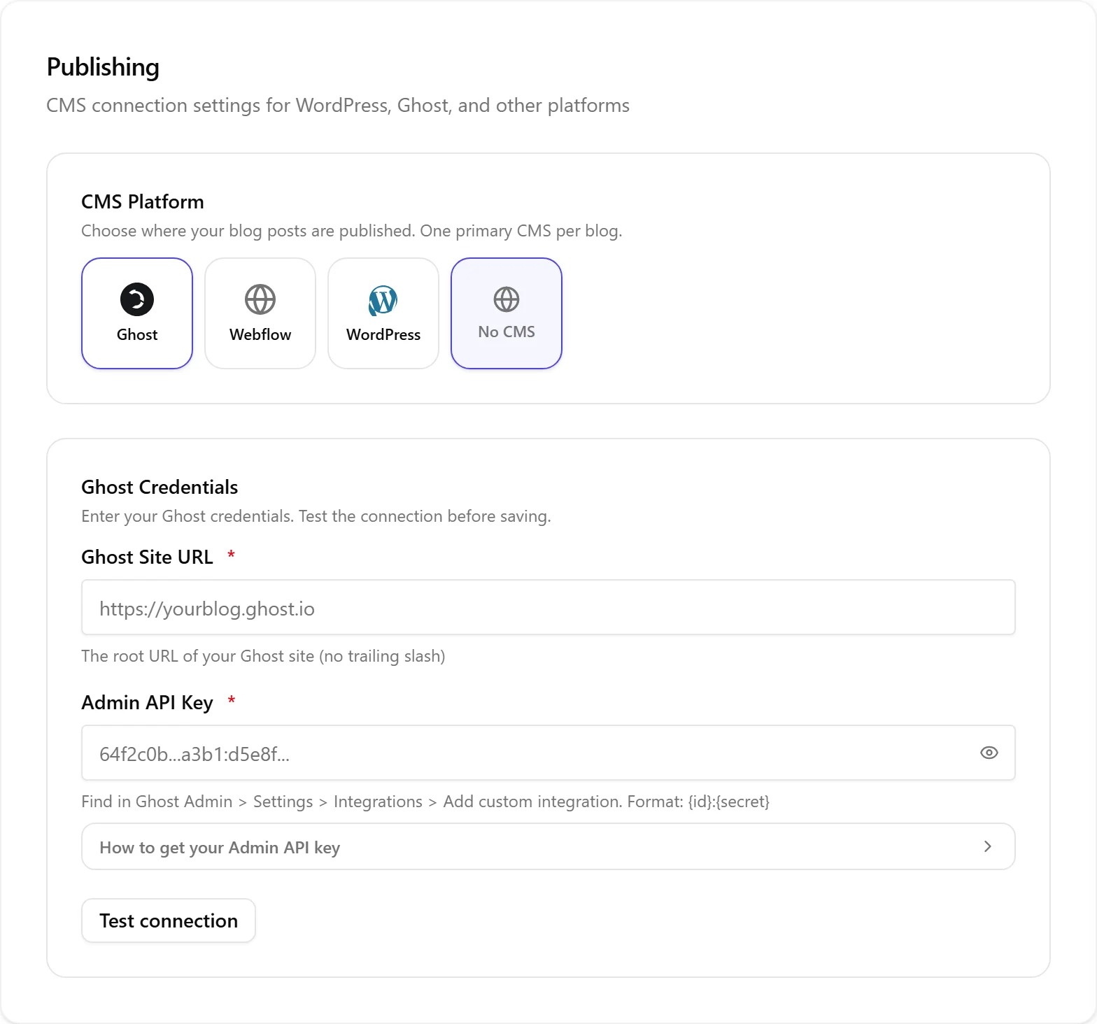 Le formulaire d'identifiants Ghost dans Paramètres, Publication : champs pour l'URL du site Ghost et la clé API Admin au format {id}:{secret}, avec un bouton Tester la connexion.
