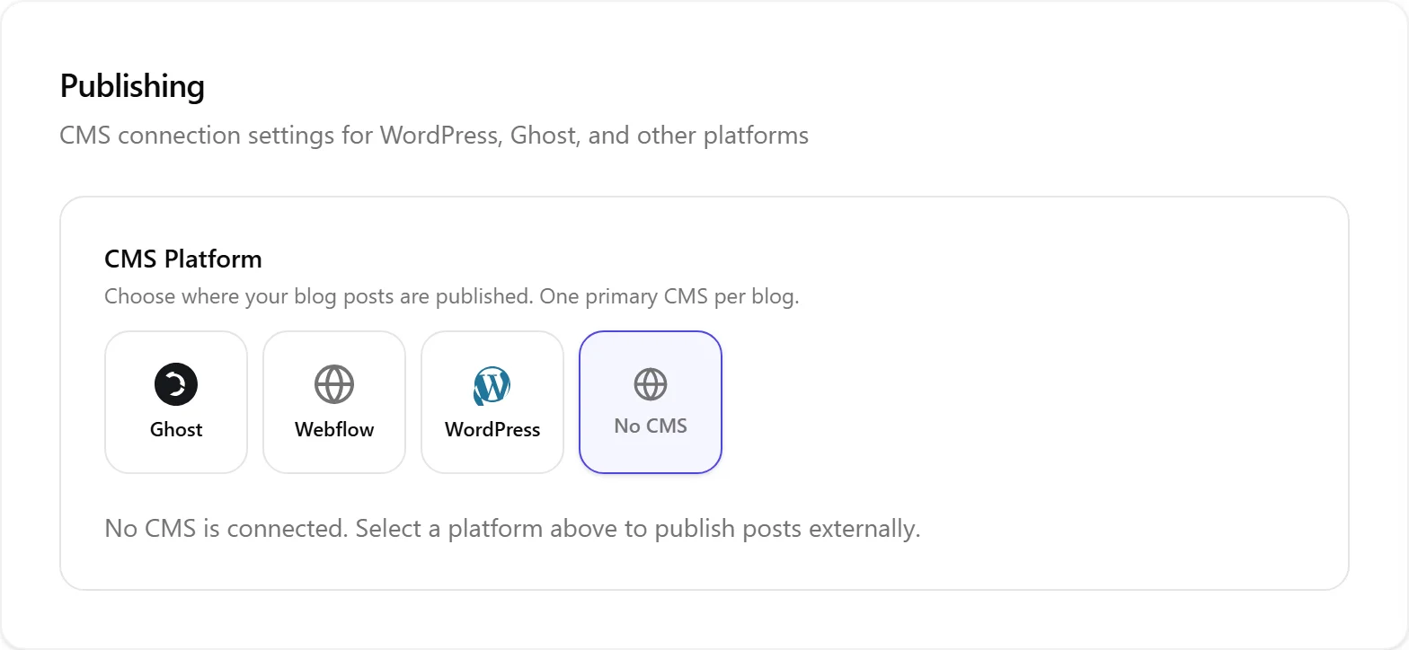 Der Bereich Veröffentlichung in den Einstellungen mit einer CMS-Plattform-Auswahl, die Ghost, Webflow, WordPress und Kein CMS anbietet, wobei aktuell Kein CMS ausgewählt ist.