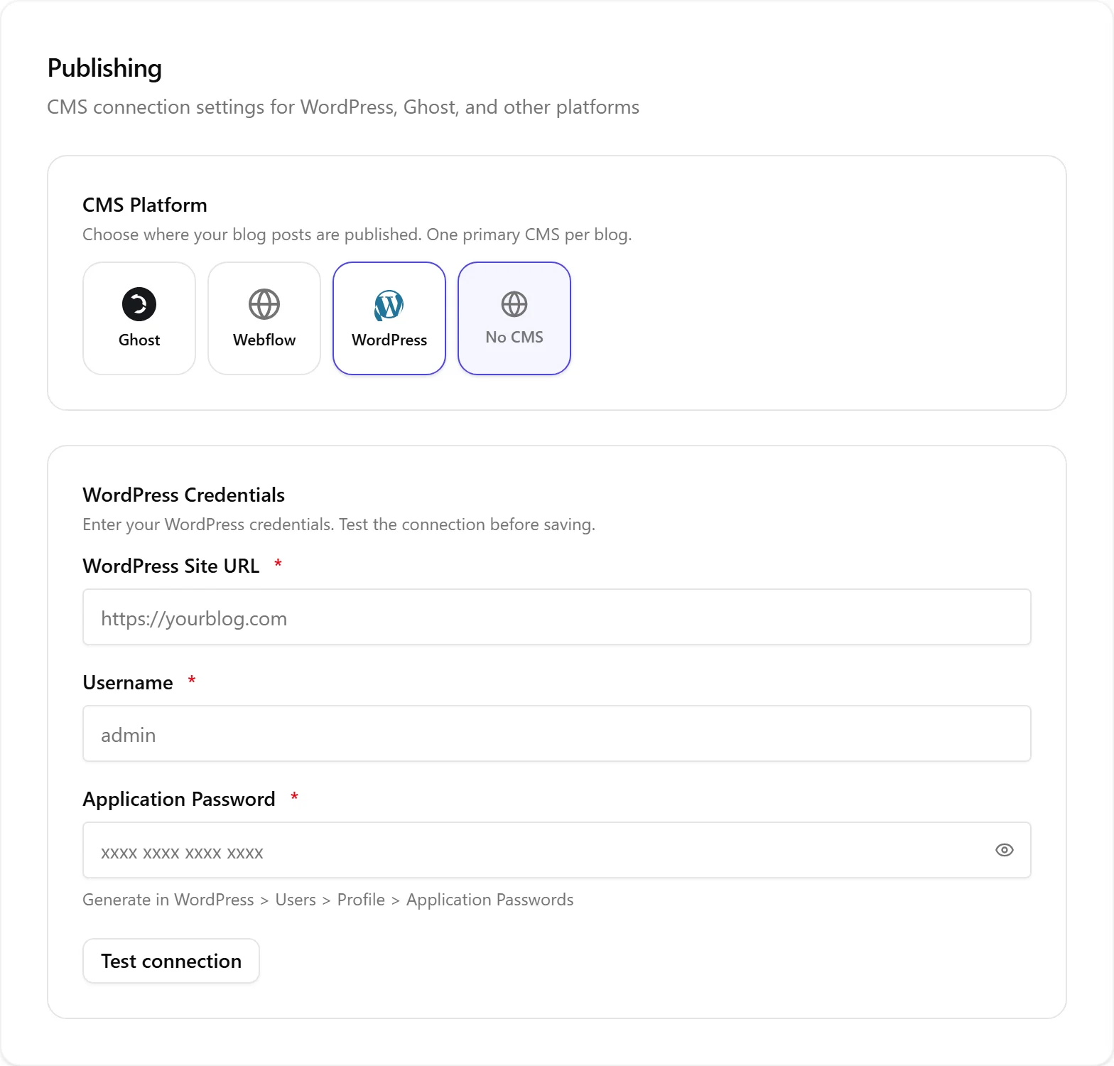 Das WordPress-Anmeldeformular unter Einstellungen, Veröffentlichung: Felder für WordPress-Site-URL, Benutzername und Anwendungspasswort sowie eine Schaltfläche Verbindung testen.