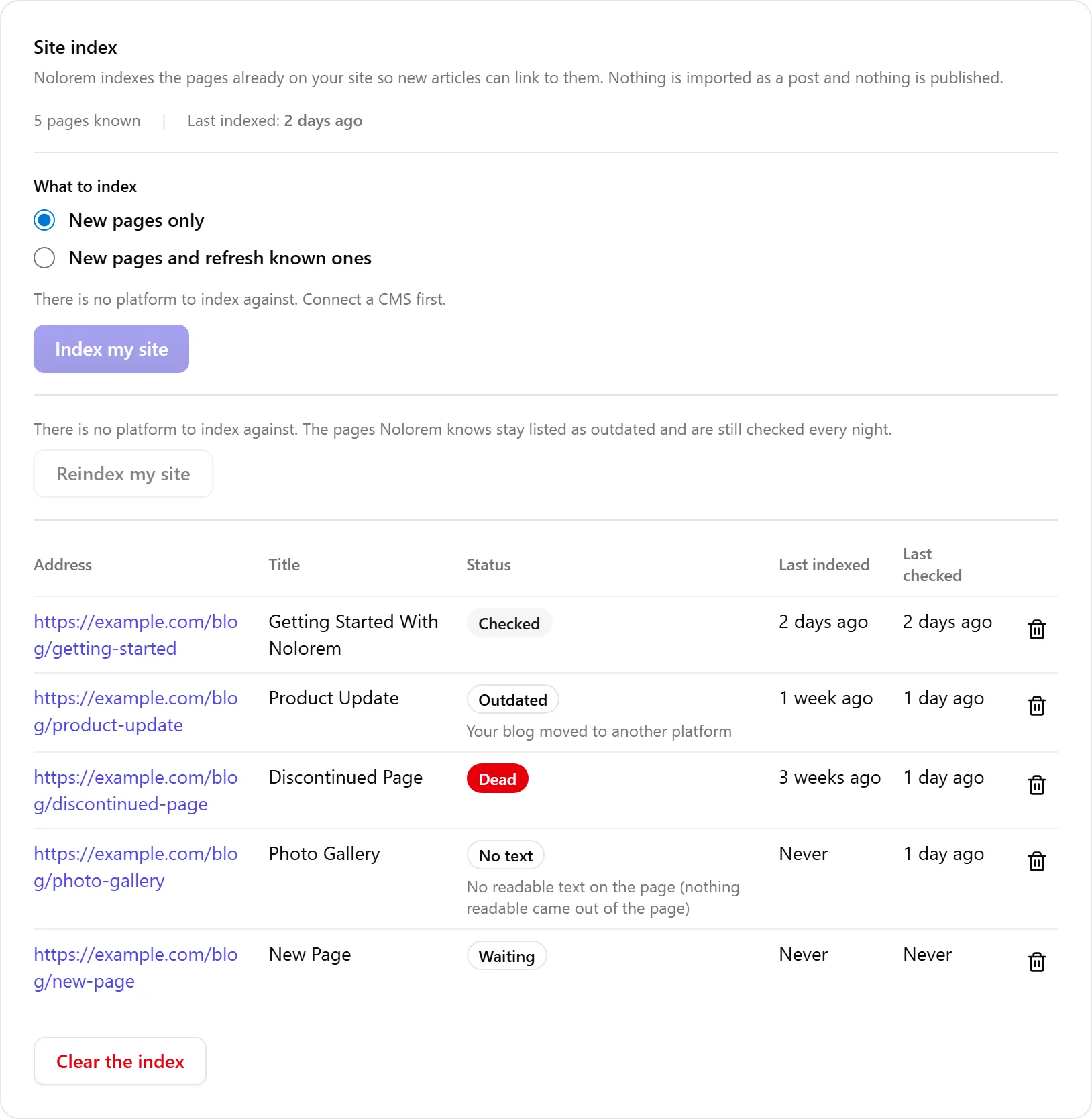 The Site index card in Settings, Publishing: a count of known pages, an Index my site button, and a table of pages with their status, last indexed time and last checked time.