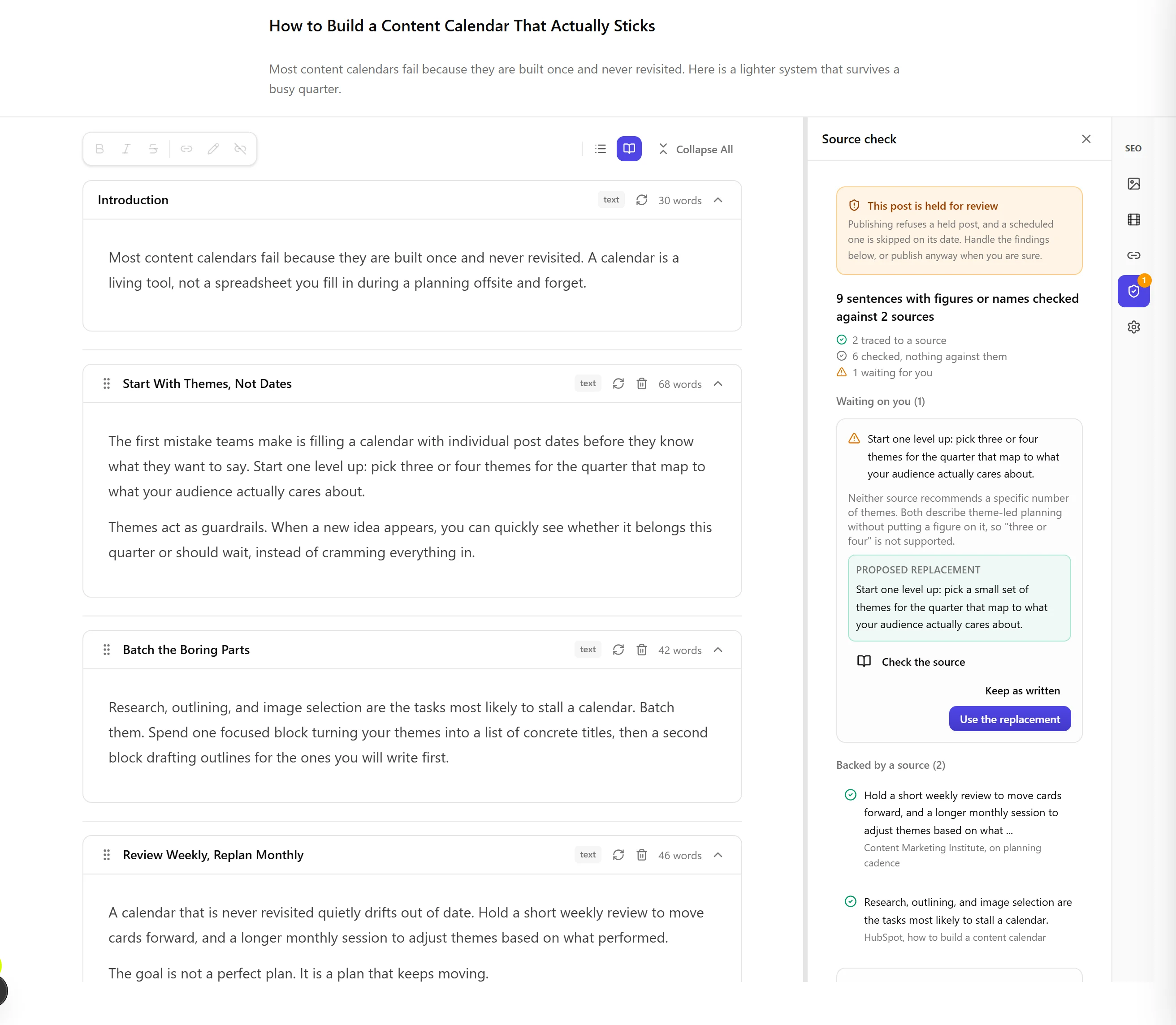 The Source check panel open beside the blog editor: a banner saying the post is held for review, a summary of nine sentences checked against two sources, one finding waiting with a proposed replacement, and two claims backed by a source.