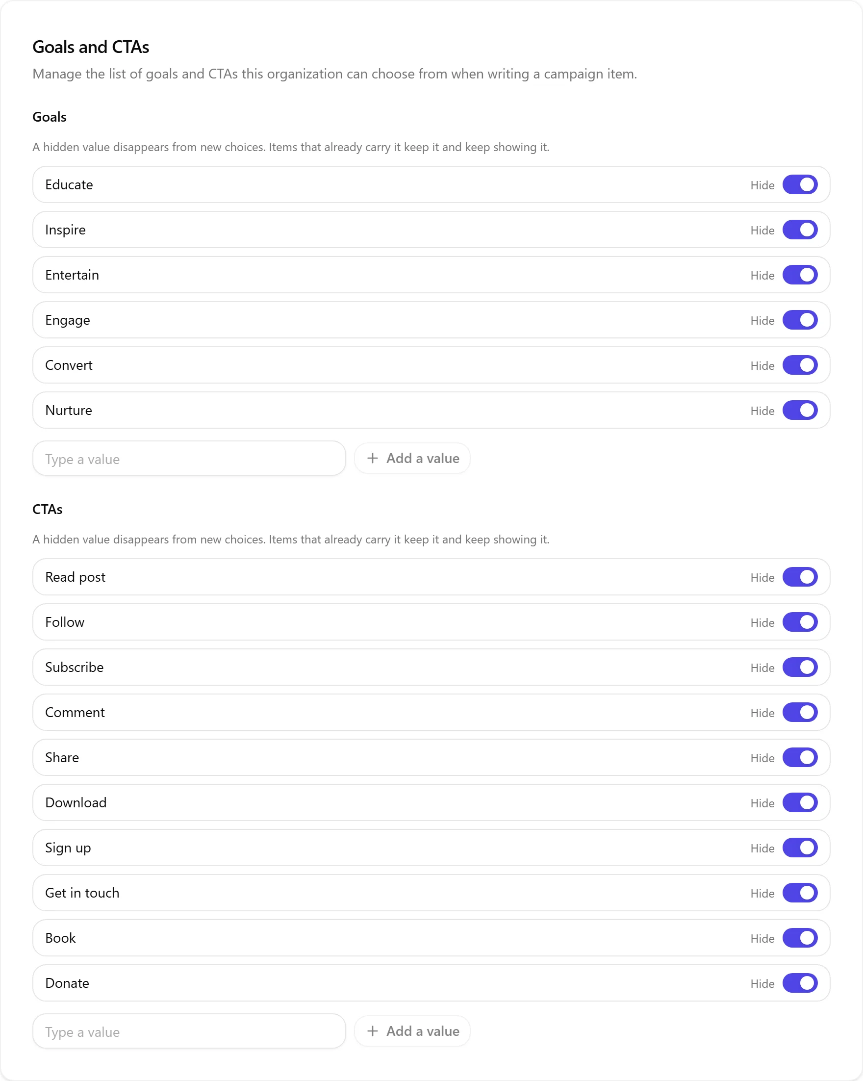 The Goals and CTAs settings section, listing the six built-in goals and ten built-in CTAs, each with a Hide switch, and an add-your-own input under each group.