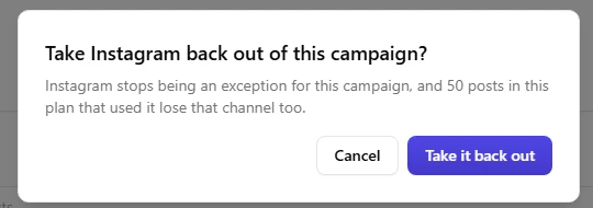A confirmation dialog titled Take Instagram back out of this campaign?, stating that Instagram stops being an exception and that 50 posts using it lose that channel too, with Cancel and Take it back out buttons.