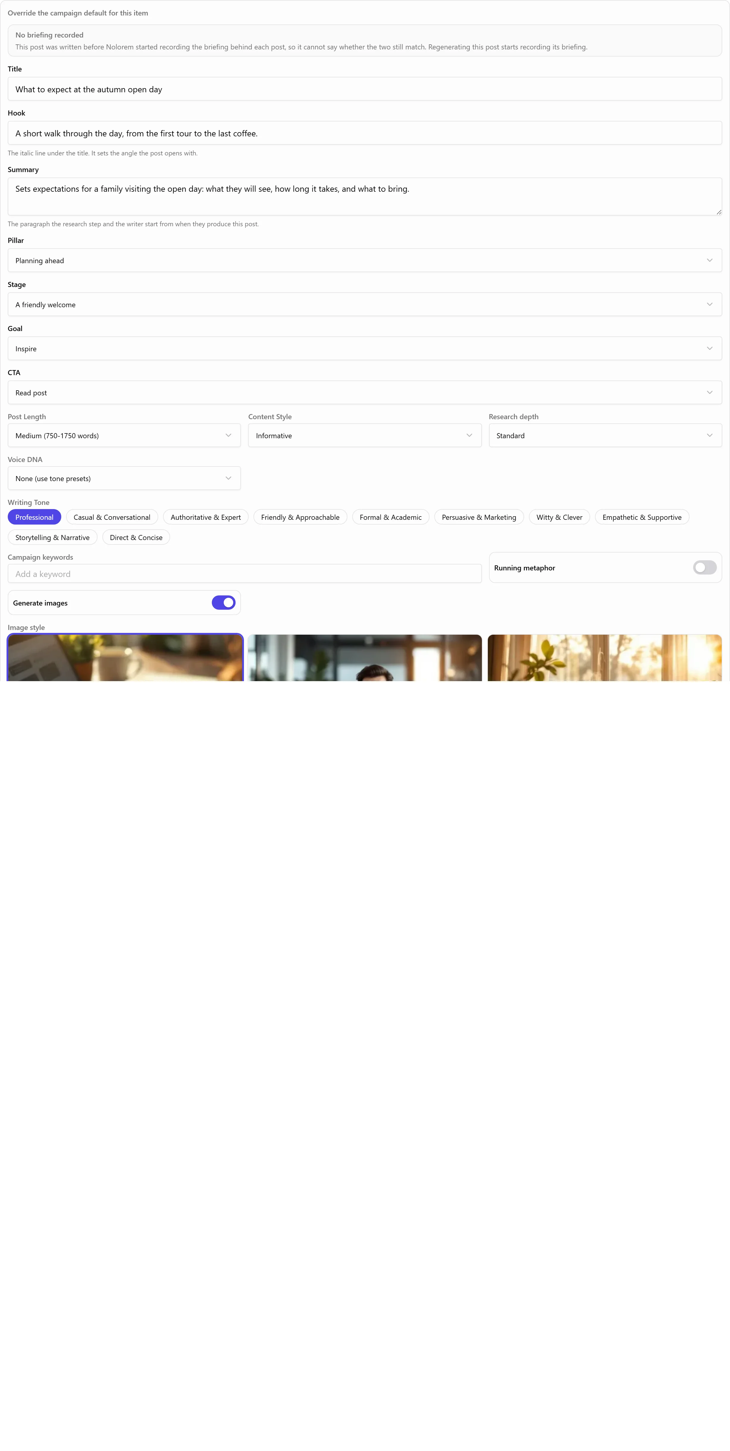 A plan card's pencil panel open, showing editable fields for title, hook, summary, pillar, stage, goal and CTA above the post's other settings.