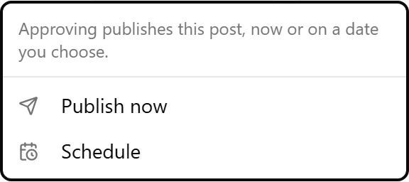 The opened Approve menu on a waiting post, reading Approving publishes this post, now or on a date you choose, above Publish now and Schedule.