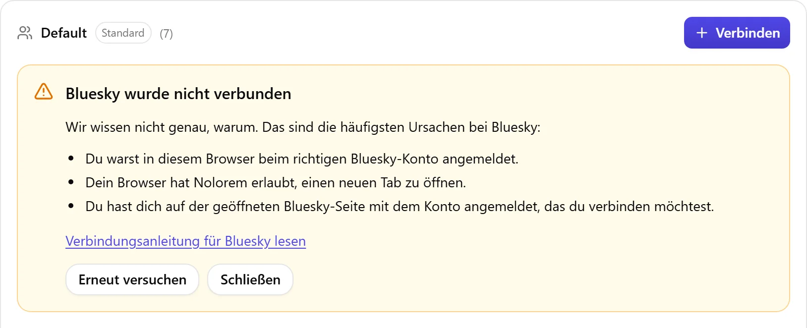 Der Ergebnisblock von Nolorem, wenn Bluesky nicht verbunden wurde, mit der Liste der Ursachen zum Prüfen und einer Schaltfläche Erneut versuchen.
