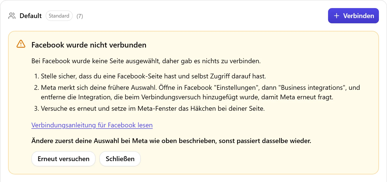 Der Ergebnisblock von Nolorem, wenn Facebook nicht verbunden wurde, mit der Liste der Ursachen zum Prüfen und einer Schaltfläche Erneut versuchen.