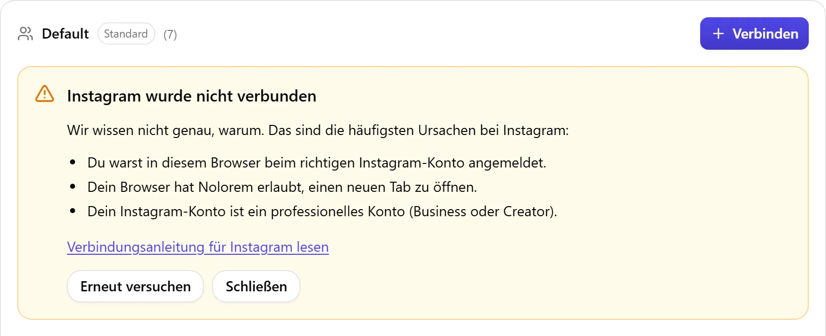 Der Ergebnisblock von Nolorem, wenn Instagram nicht verbunden wurde, mit der Liste der Ursachen zum Prüfen und einer Schaltfläche Erneut versuchen.