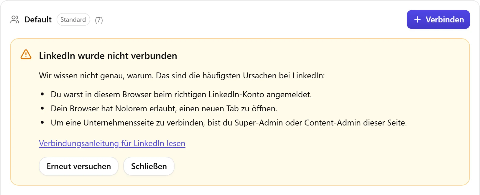 Der Ergebnisblock von Nolorem, wenn LinkedIn nicht verbunden wurde, mit der Liste der Ursachen zum Prüfen und einer Schaltfläche Erneut versuchen.