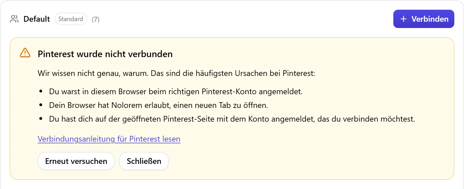 Der Ergebnisblock von Nolorem, wenn Pinterest nicht verbunden wurde, mit der Liste der Ursachen zum Prüfen und einer Schaltfläche Erneut versuchen.