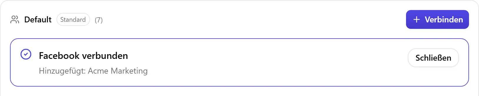 Die Bestätigung, die Nolorem nach einer erfolgreichen Verbindung zeigt, mit dem Namen des hinzugefügten Kontos.