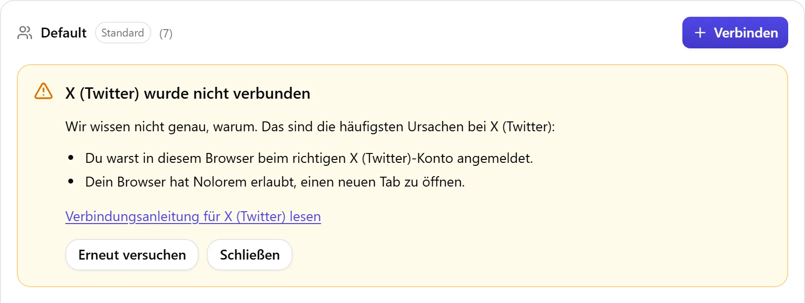 Der Ergebnisblock von Nolorem, wenn X nicht verbunden wurde, mit der Liste der Ursachen zum Prüfen und einer Schaltfläche Erneut versuchen.