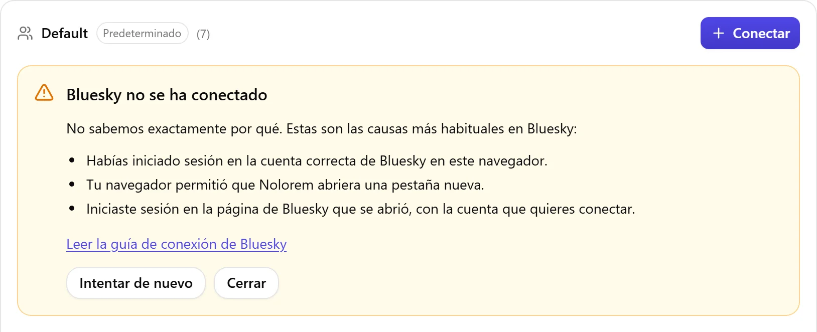 El bloque de resultado de Nolorem cuando Bluesky no se ha conectado, con la lista de causas a revisar y un botón Intentar de nuevo.