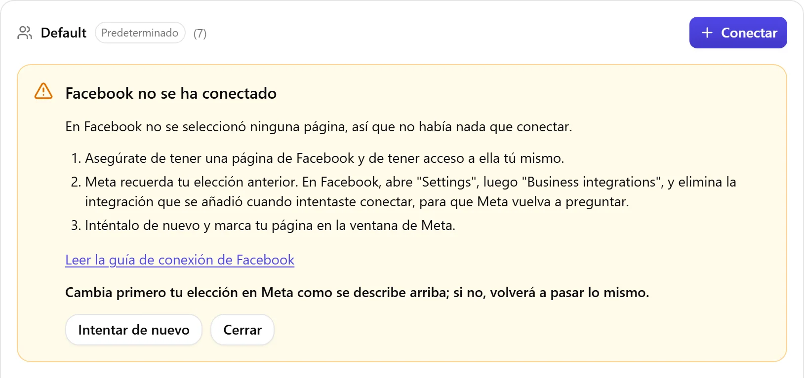 El bloque de resultado de Nolorem cuando Facebook no se ha conectado, con la lista de causas a revisar y un botón Intentar de nuevo.