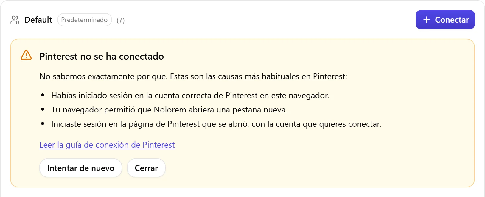 El bloque de resultado de Nolorem cuando Pinterest no se ha conectado, con la lista de causas a revisar y un botón Intentar de nuevo.