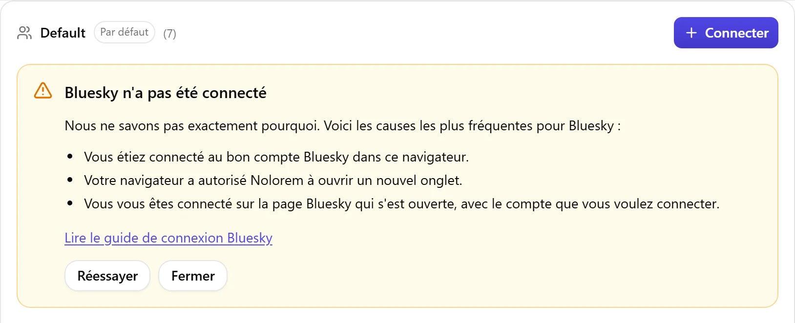 Le bloc de résultat de Nolorem lorsque Bluesky n'a pas été connecté, avec la liste des causes à vérifier et un bouton Réessayer.