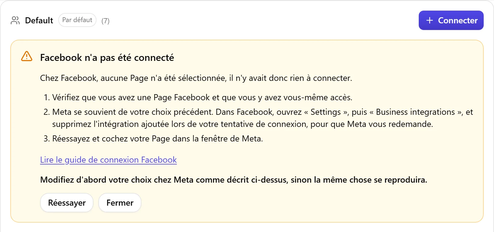 Le bloc de résultat de Nolorem lorsque Facebook n'a pas été connecté, avec la liste des causes à vérifier et un bouton Réessayer.