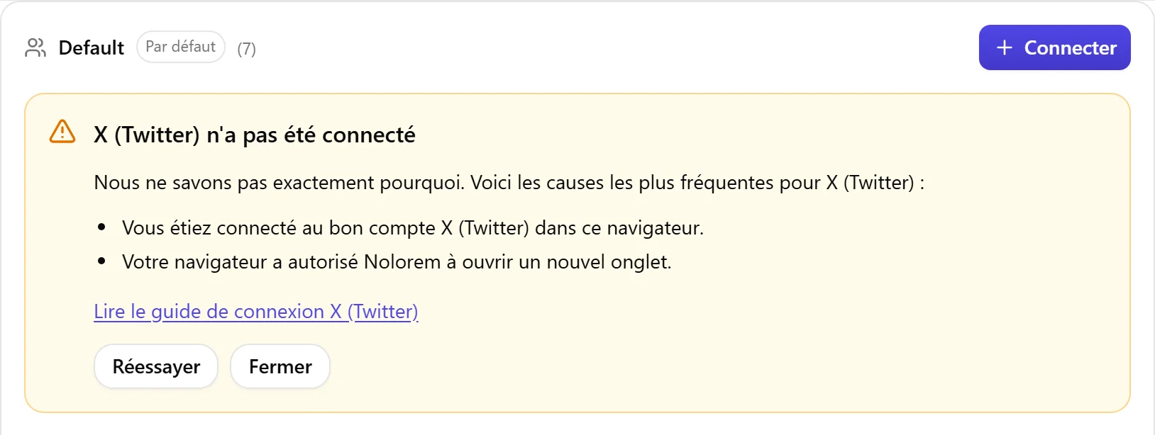 Le bloc de résultat de Nolorem lorsque X n'a pas été connecté, avec la liste des causes à vérifier et un bouton Réessayer.