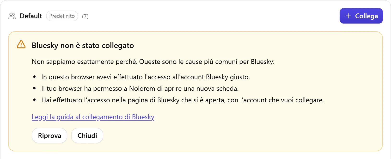 Il blocco di risultato di Nolorem quando Bluesky non è stato collegato, con l'elenco delle cause da controllare e un pulsante Riprova.