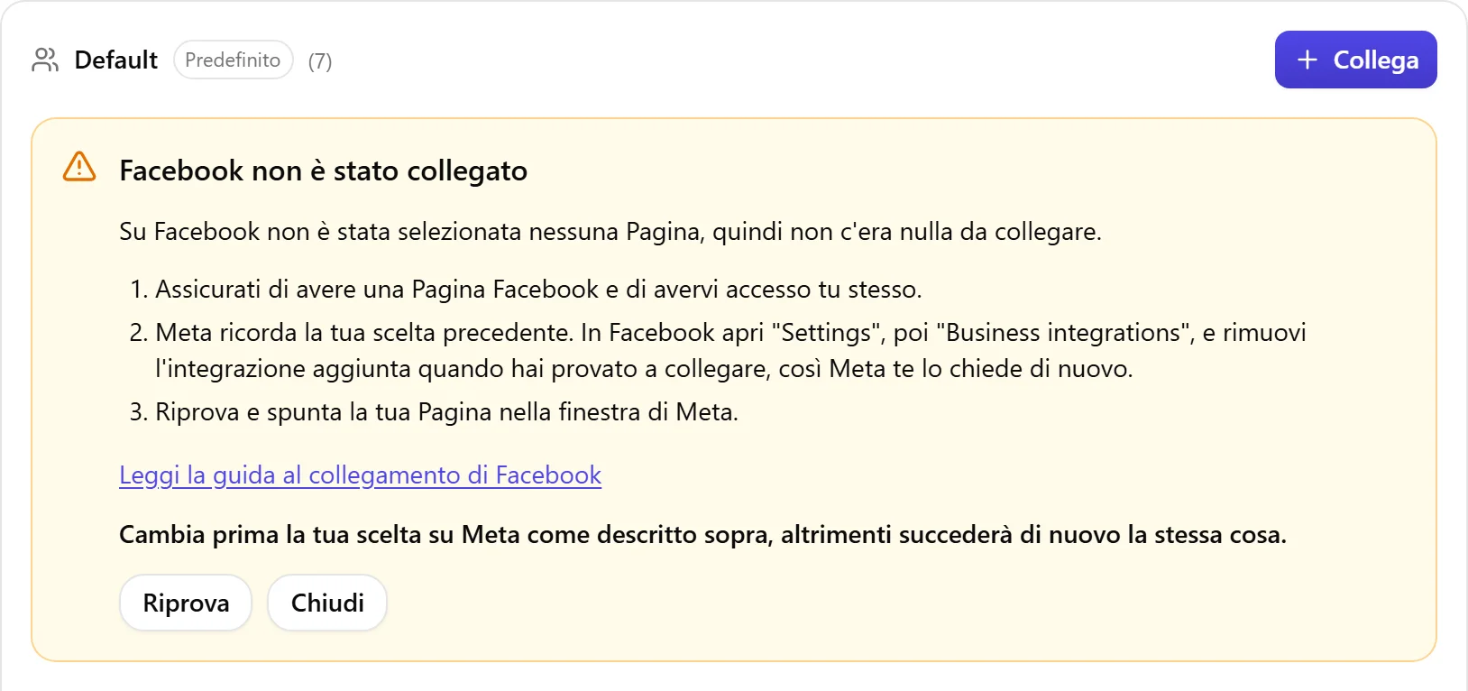 Il blocco di risultato di Nolorem quando Facebook non è stato collegato, con l'elenco delle cause da controllare e un pulsante Riprova.
