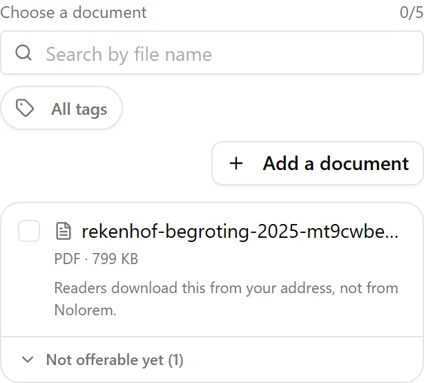 The attachment picker in a blog post editor, showing one attachable document with the note Readers download this from your address, not from Nolorem, and a collapsed heading reading Not offerable yet (1) folding away a document with no public address.