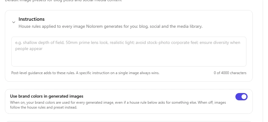 The image style settings. An Instructions field with the placeholder text about depth of field and lens look, a counter reading 0 of 4000 characters, and below it a row labelled Use brand colors in generated images with the switch turned on.