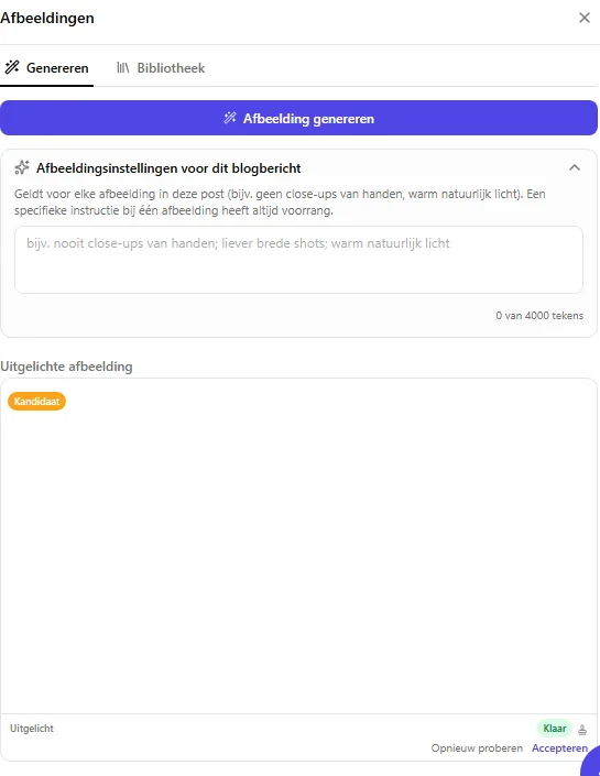 The Images panel's featured image slot, marked with an orange Candidate tag, showing Ready plus Retry and Accept links underneath once a generation has finished.