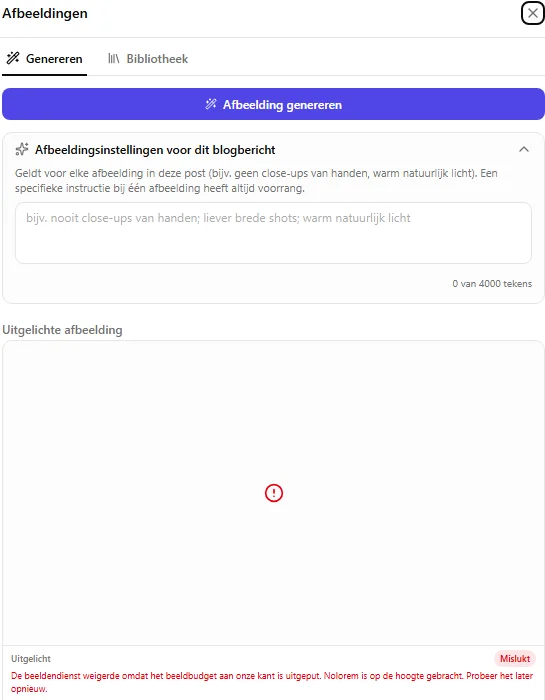The Images panel's featured image slot, marked with a red Failed badge and a translated failure sentence: the image provider refused because the image budget on our side is used up, Nolorem has been informed, please try again later.