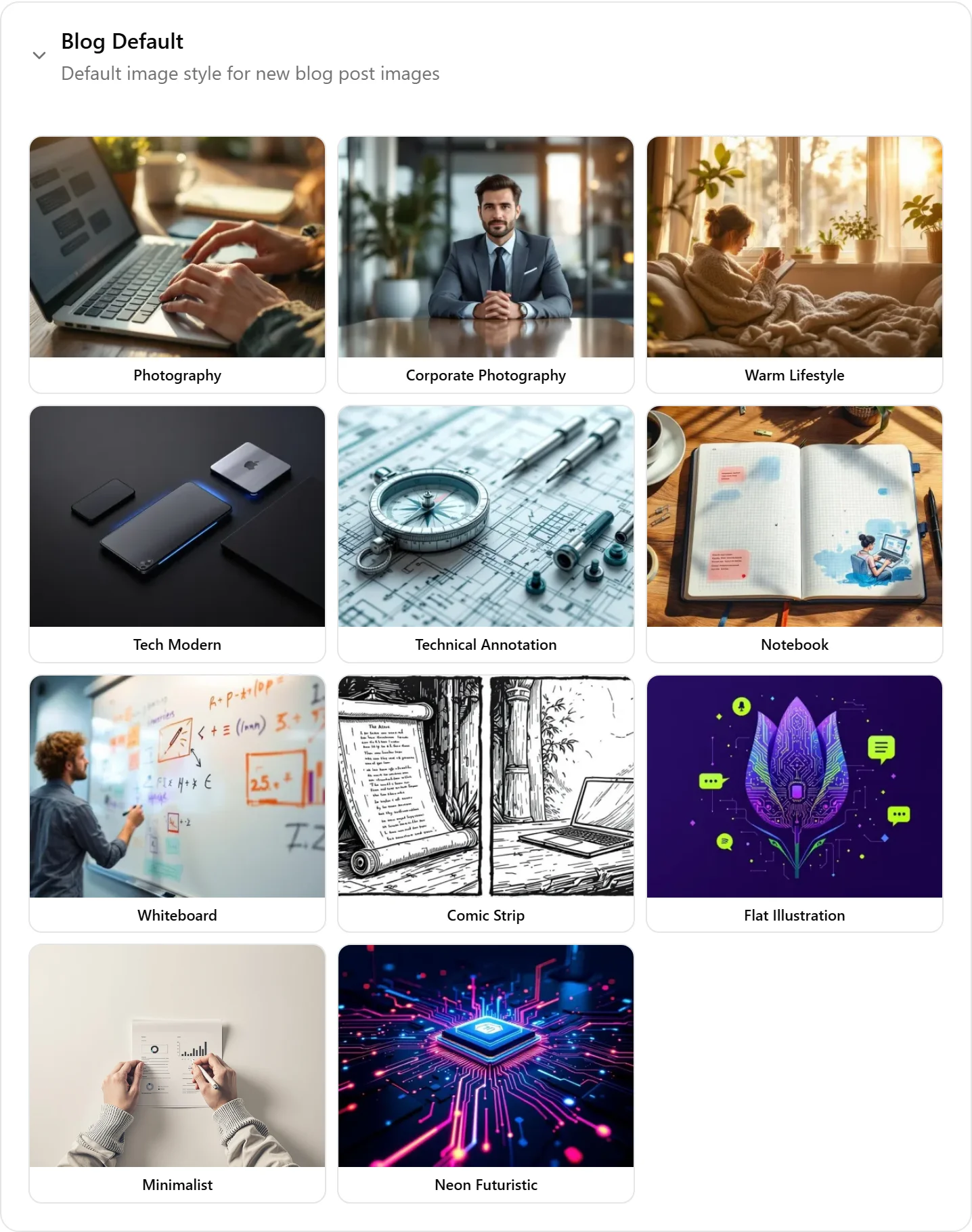 The image style preset picker showing eleven preview thumbnails: Photography, Corporate Photography, Warm Lifestyle, Tech Modern, Technical Annotation, Notebook, Whiteboard, Comic Strip, Flat Illustration, Minimalist, and Neon Futuristic.