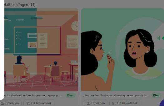 Two already-generated article images side by side, each with an Uploaded label, a Ready badge, and Upload and From library buttons underneath, on already-filled image slots.