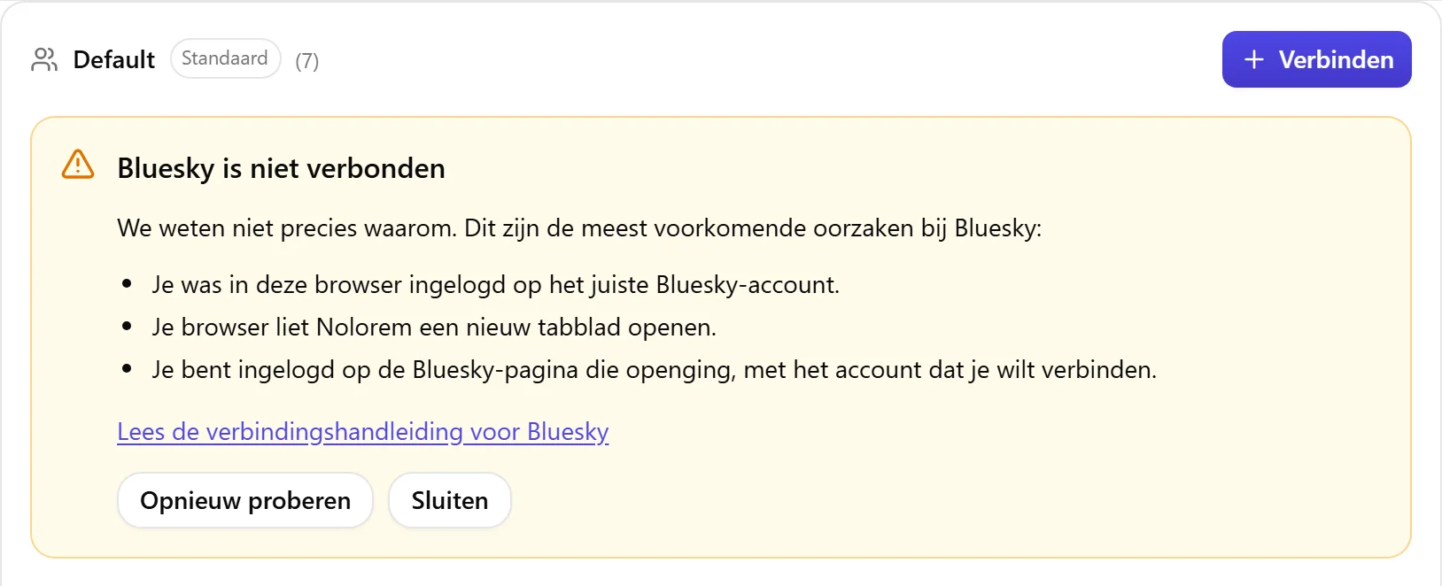 Het resultaatblok van Nolorem als Bluesky niet is verbonden, met de lijst met oorzaken om te controleren en een knop Opnieuw proberen.