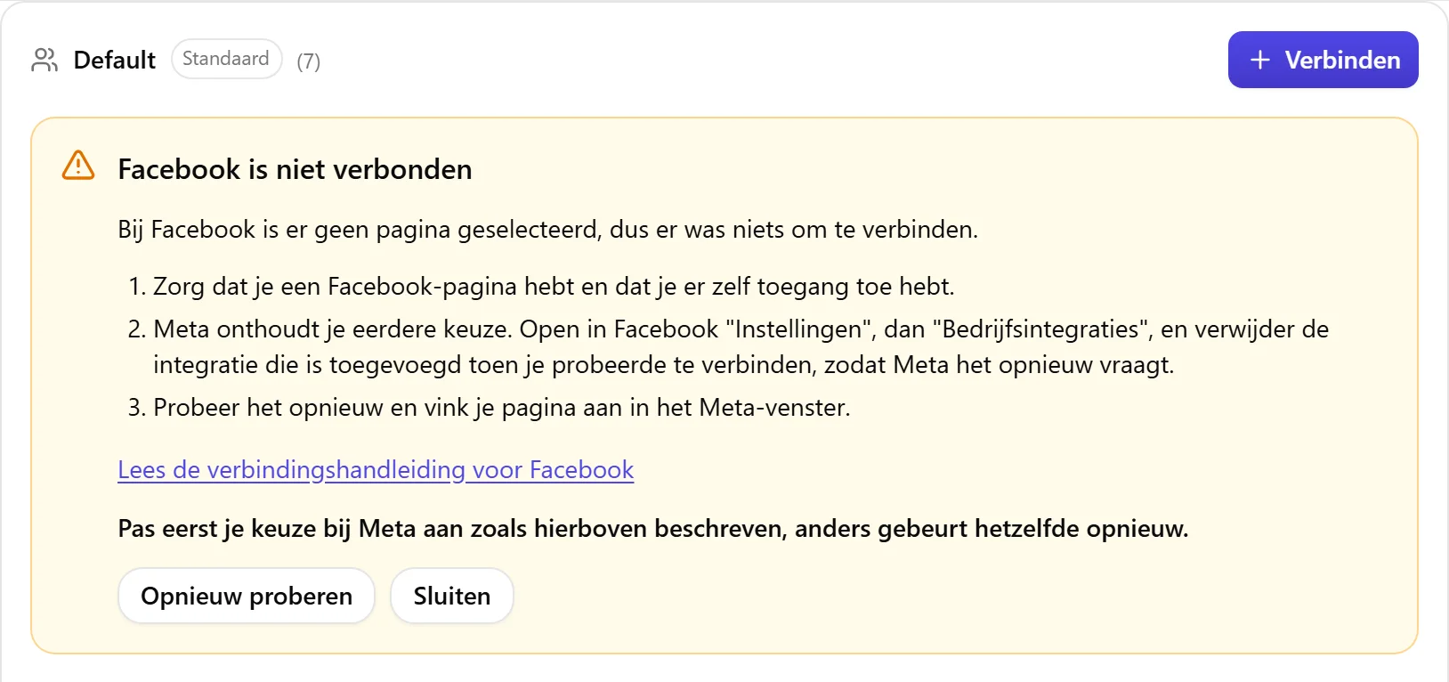 Het resultaatblok van Nolorem als Facebook niet is verbonden, met de lijst met oorzaken om te controleren en een knop Opnieuw proberen.