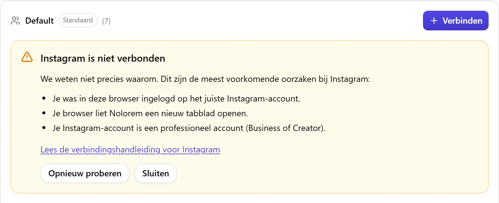Het resultaatblok van Nolorem als Instagram niet is verbonden, met de lijst met oorzaken om te controleren en een knop Opnieuw proberen.