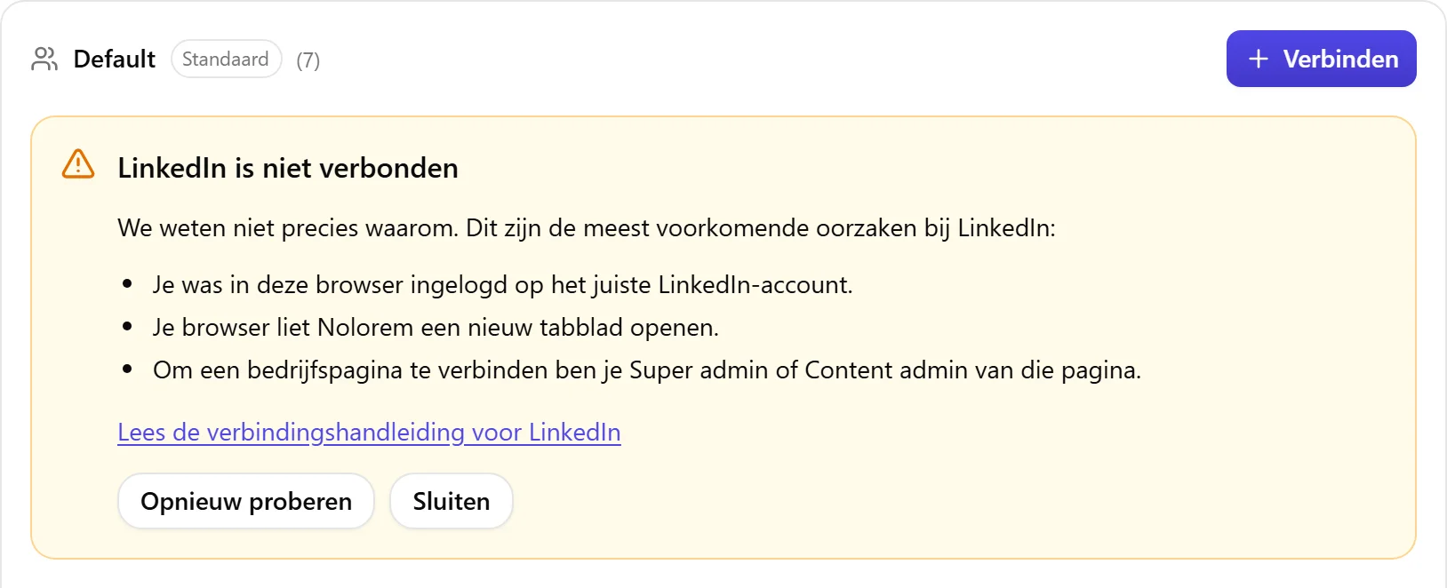 Het resultaatblok van Nolorem als LinkedIn niet is verbonden, met de lijst met oorzaken om te controleren en een knop Opnieuw proberen.