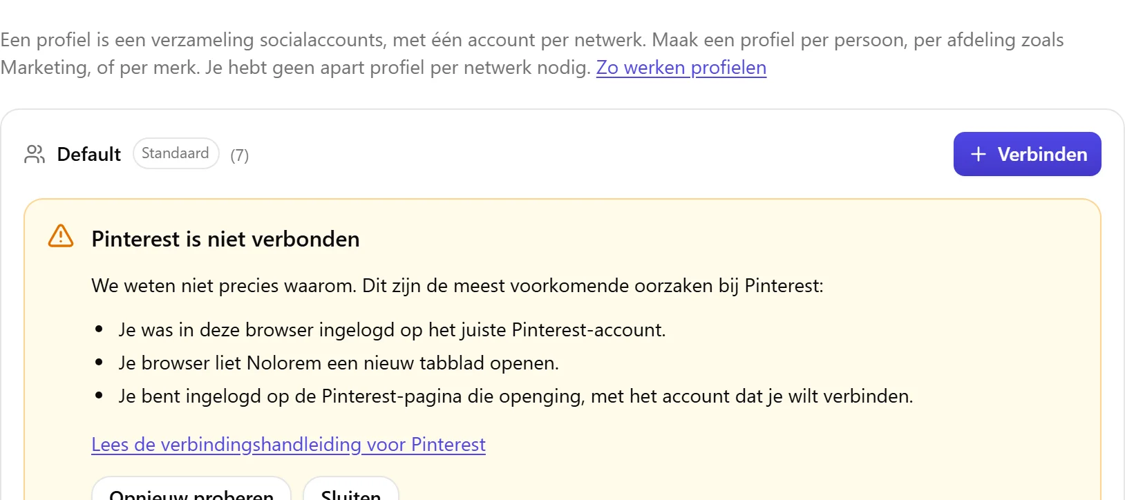 Het resultaatblok van Nolorem als Pinterest niet is verbonden, met de lijst met oorzaken om te controleren en een knop Opnieuw proberen.