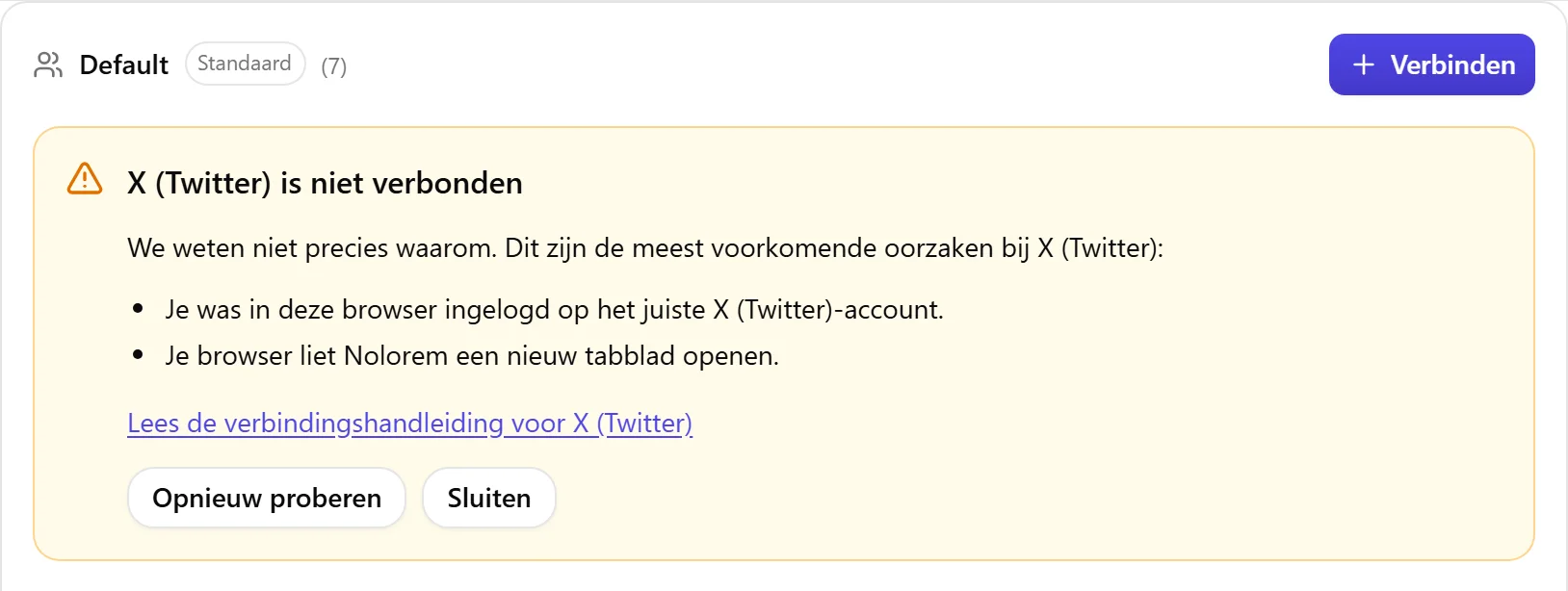 Het resultaatblok van Nolorem als X niet is verbonden, met de lijst met oorzaken om te controleren en een knop Opnieuw proberen.
