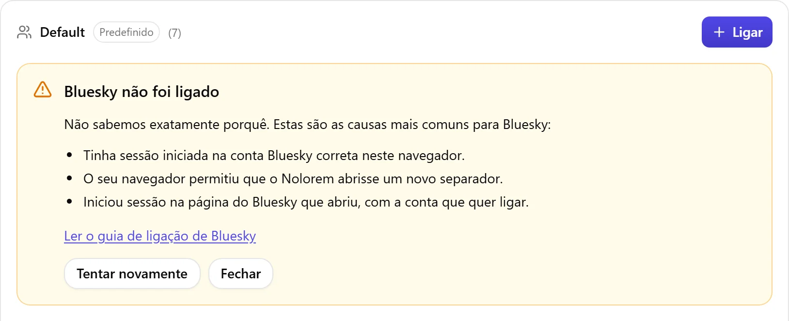 O bloco de resultado do Nolorem quando o Bluesky não foi ligado, com a lista de causas a verificar e um botão Tentar novamente.