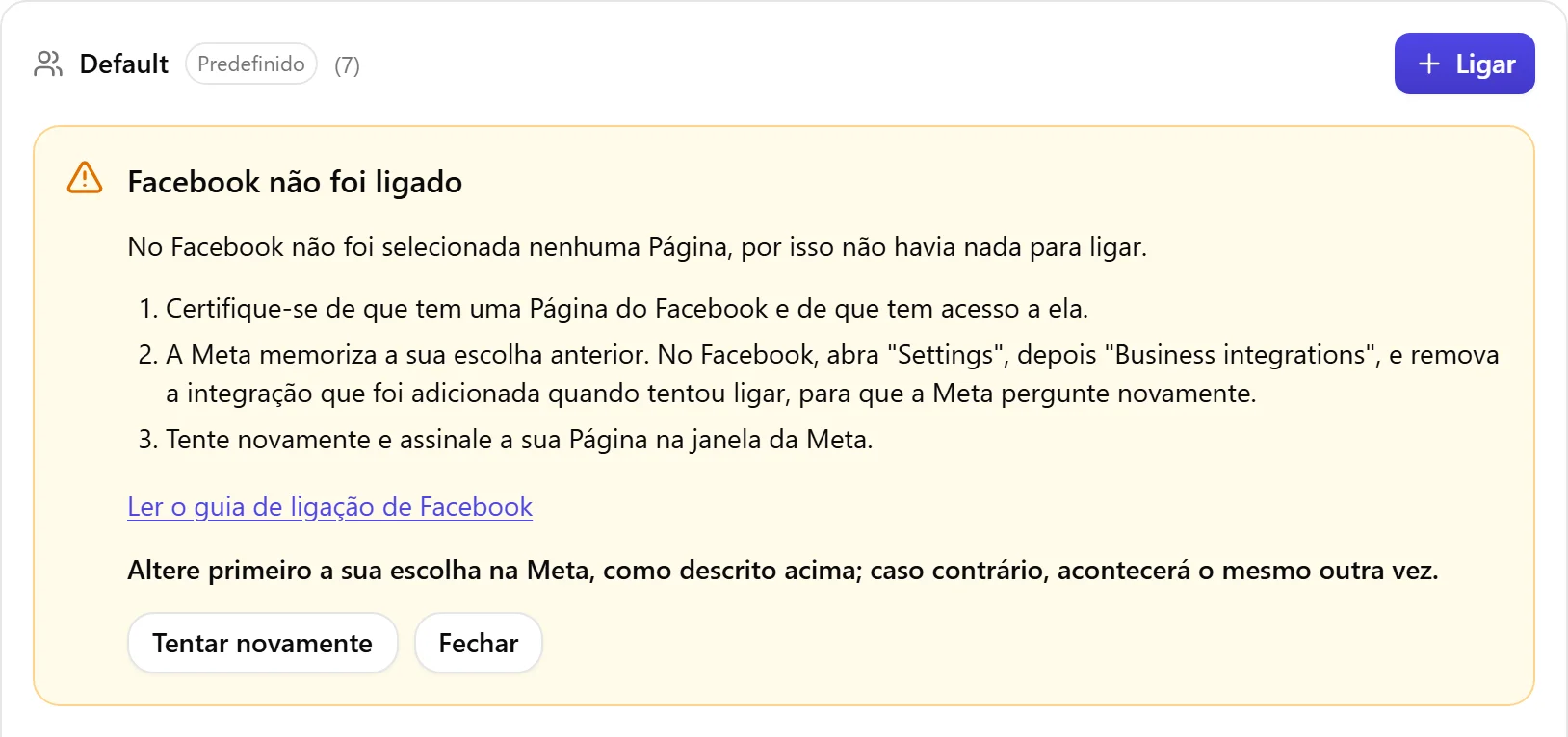O bloco de resultado do Nolorem quando o Facebook não foi ligado, com a lista de causas a verificar e um botão Tentar novamente.
