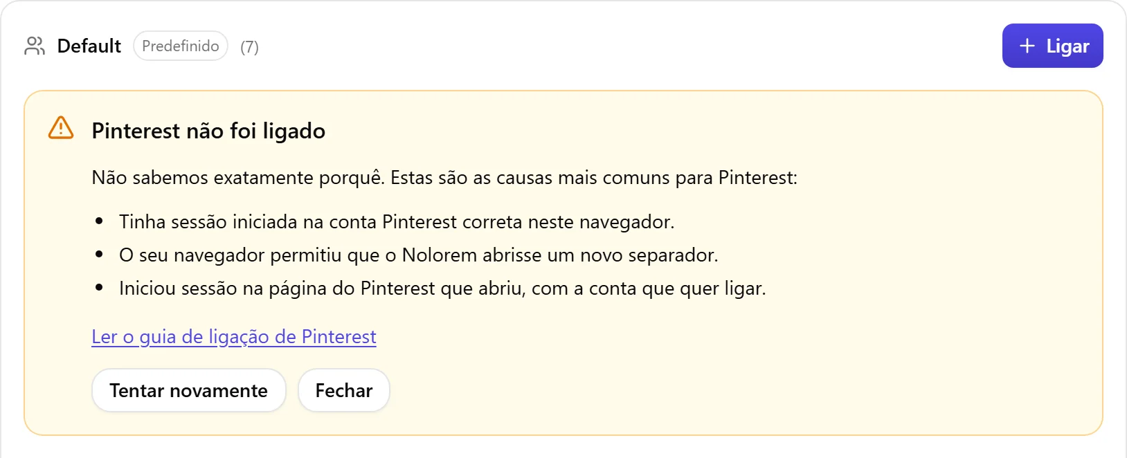 O bloco de resultado do Nolorem quando o Pinterest não foi ligado, com a lista de causas a verificar e um botão Tentar novamente.