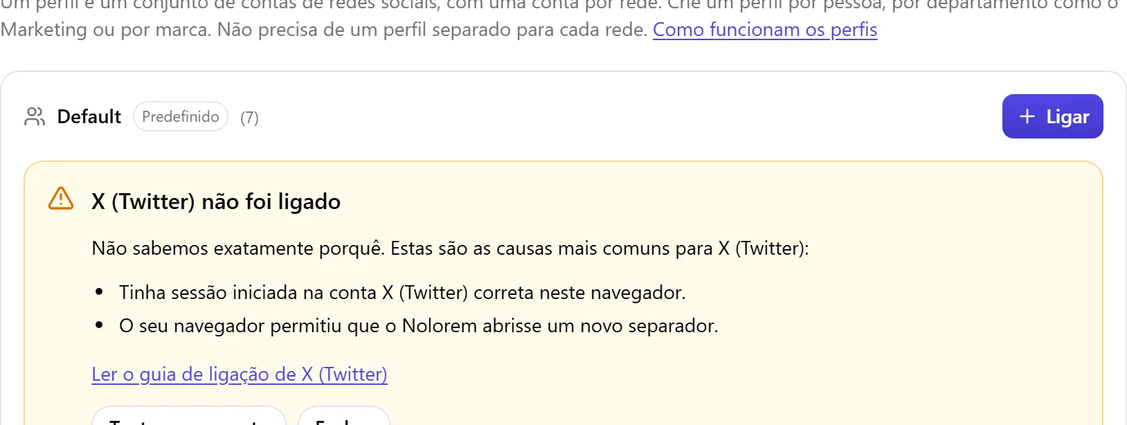 O bloco de resultado do Nolorem quando o X não foi ligado, com a lista de causas a verificar e um botão Tentar novamente.