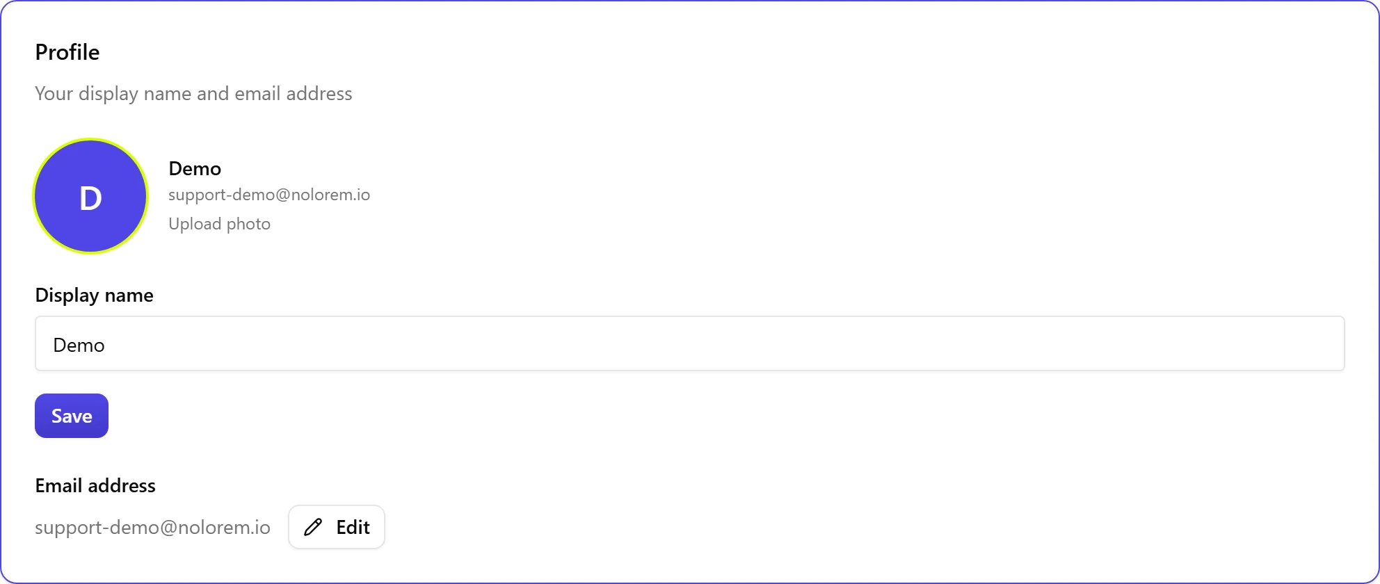 The Profile card in Account settings, showing the avatar, display name field, and email address with an Edit button.