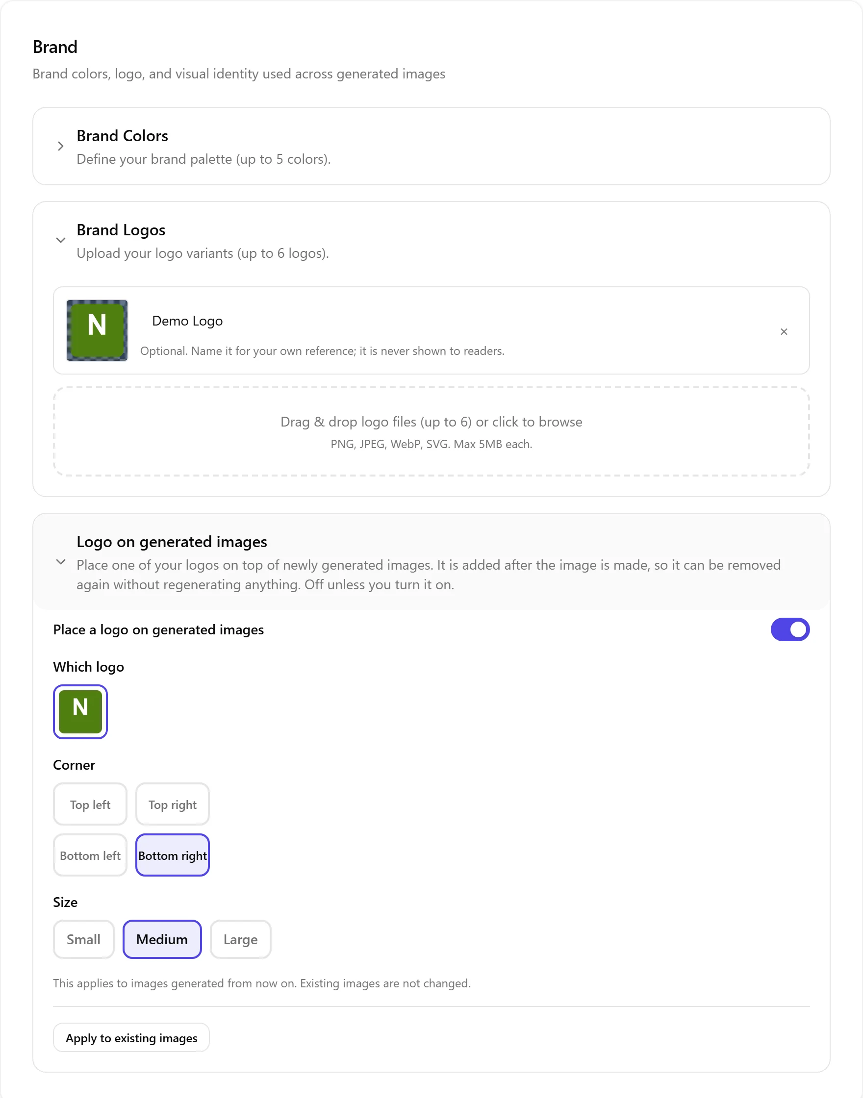 The Brand settings section, showing an uploaded logo, a drop zone for more, and the Logo on generated images panel with the toggle on, the logo selected, corner set to Bottom right, and size set to Medium.