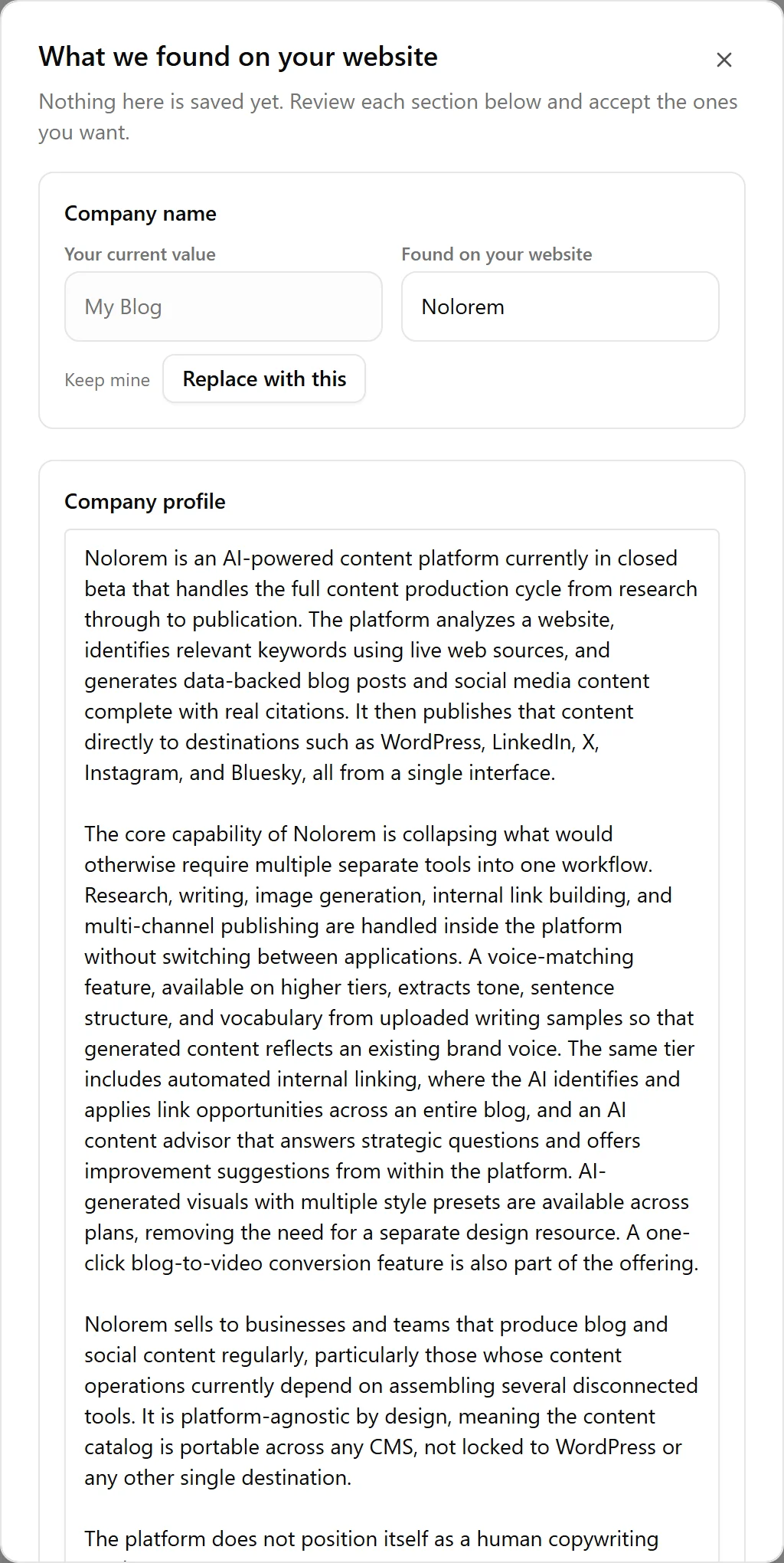 The site scan review dialog, showing a proposed company name and a drafted company profile alongside the customer's current values, with Keep Mine and Replace With This actions.