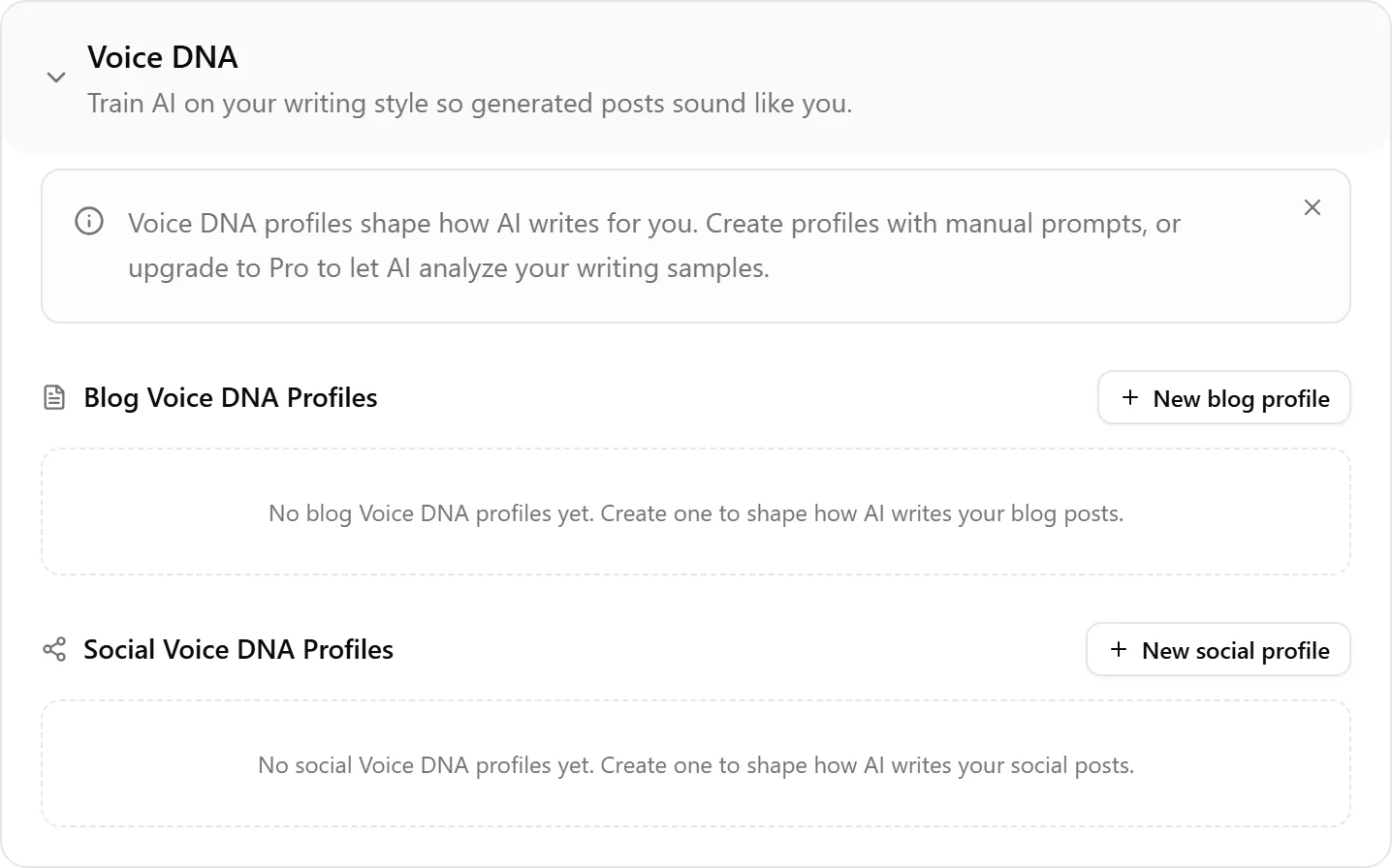The Voice DNA panel in Writing Style settings, with separate Blog Voice DNA Profiles and Social Voice DNA Profiles sections, each with a button to create a new profile.