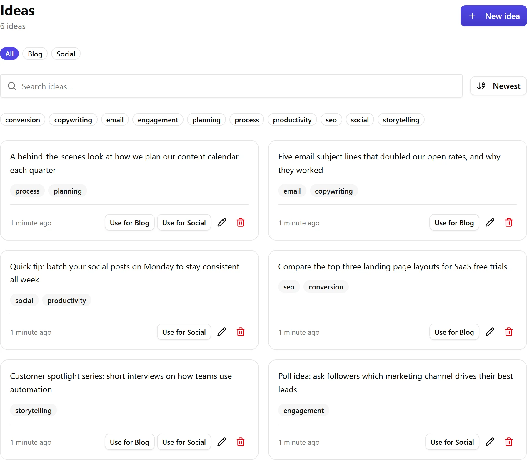 El tablero de Ideas: un botón Nueva idea, filtros Todo/Blog/Social, un cuadro de búsqueda, chips de etiquetas y una cuadrícula de dos columnas de tarjetas de ideas, cada una con su texto, etiquetas, marca de tiempo y acciones Usar para Blog / Usar para Social.
