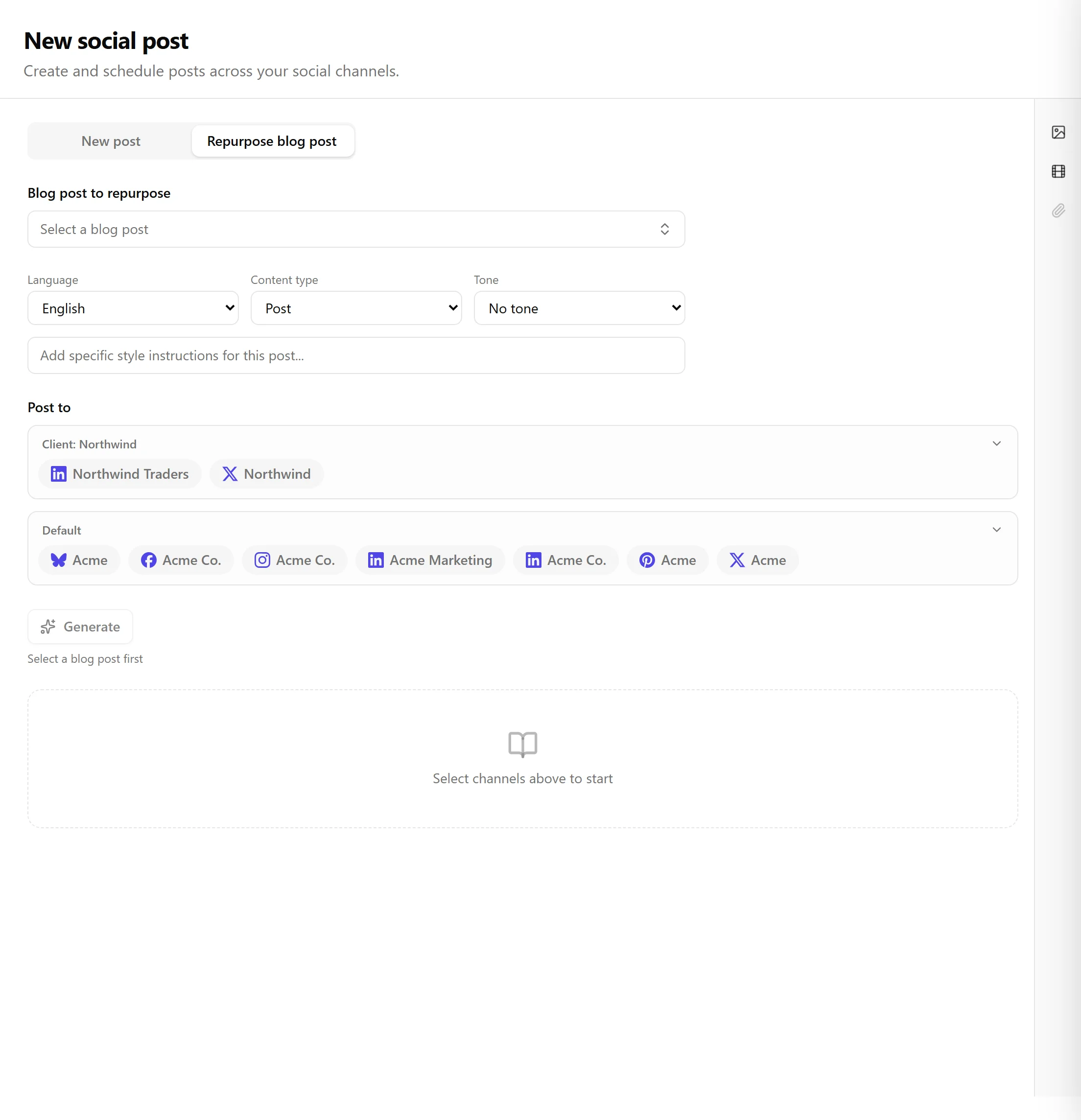 Der Tab Blogbeitrag wiederverwenden auf der Social-Erstellungsseite, mit einer Auswahlbox für den wiederzuverwendenden Blogbeitrag, Auswahlfeldern für Sprache, Inhaltstyp und Ton, einem Feld für Stilanweisungen und Kanal-Chips, die unter Posten an nach Profil gruppiert sind.
