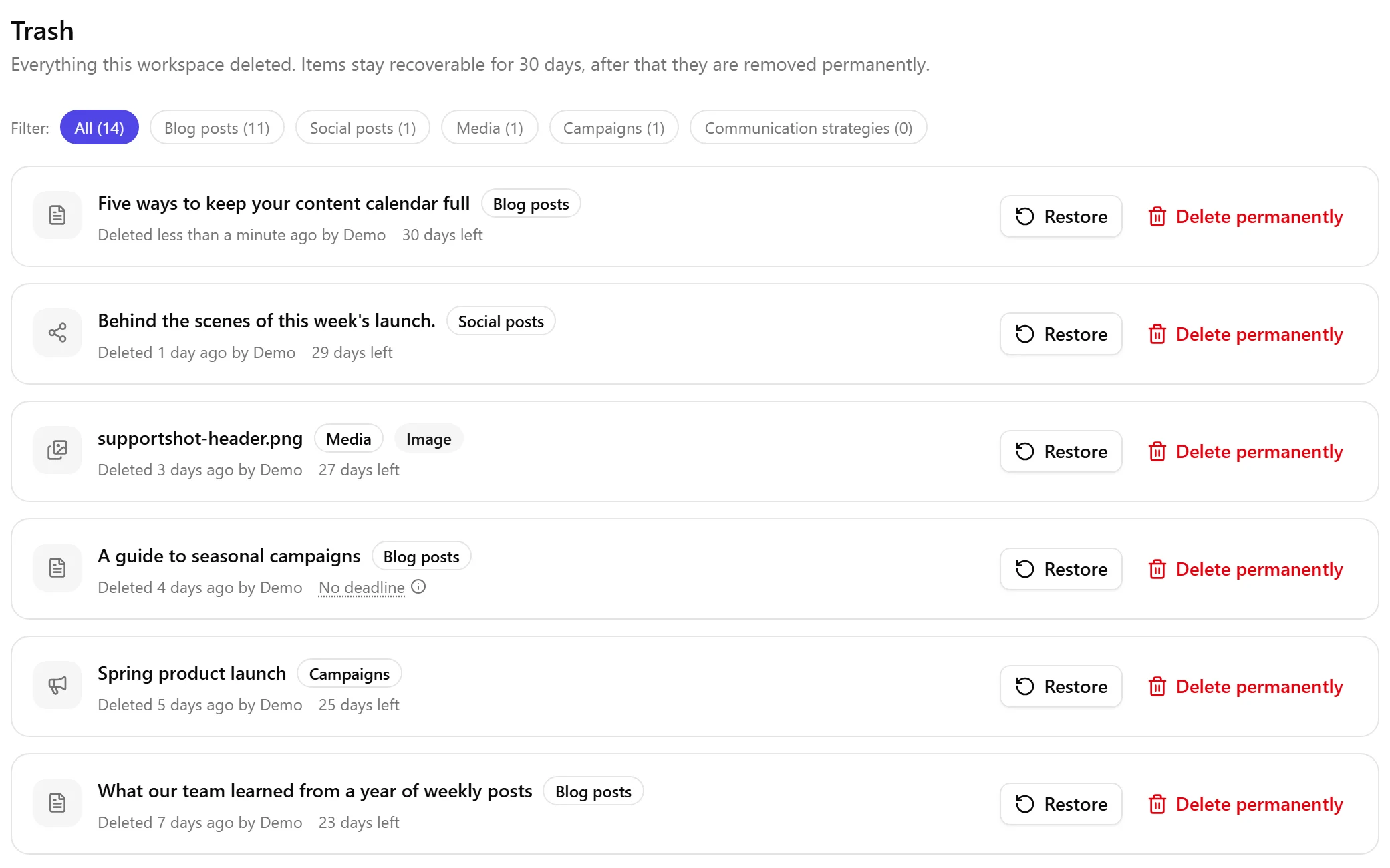 The Trash screen with the heading Trash, the sentence Everything this workspace deleted, items stay recoverable for 30 days, after that they are removed permanently, a filter row with pills for All, Blog posts, Social posts, Media, Campaigns and Communication strategies, and five rows showing a blog post with 30 days left, a social post with 29 days left, an image with 27 days left, a campaign with 25 days left and another blog post with 23 days left, each row naming who deleted it and carrying a Restore button and a Delete permanently button.